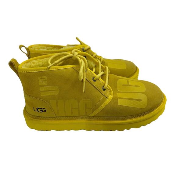 UGG Mens Boots Size 12 Canary Yellow Neumel Scatter Graphic Suede NWOB - Picture 1 of 16